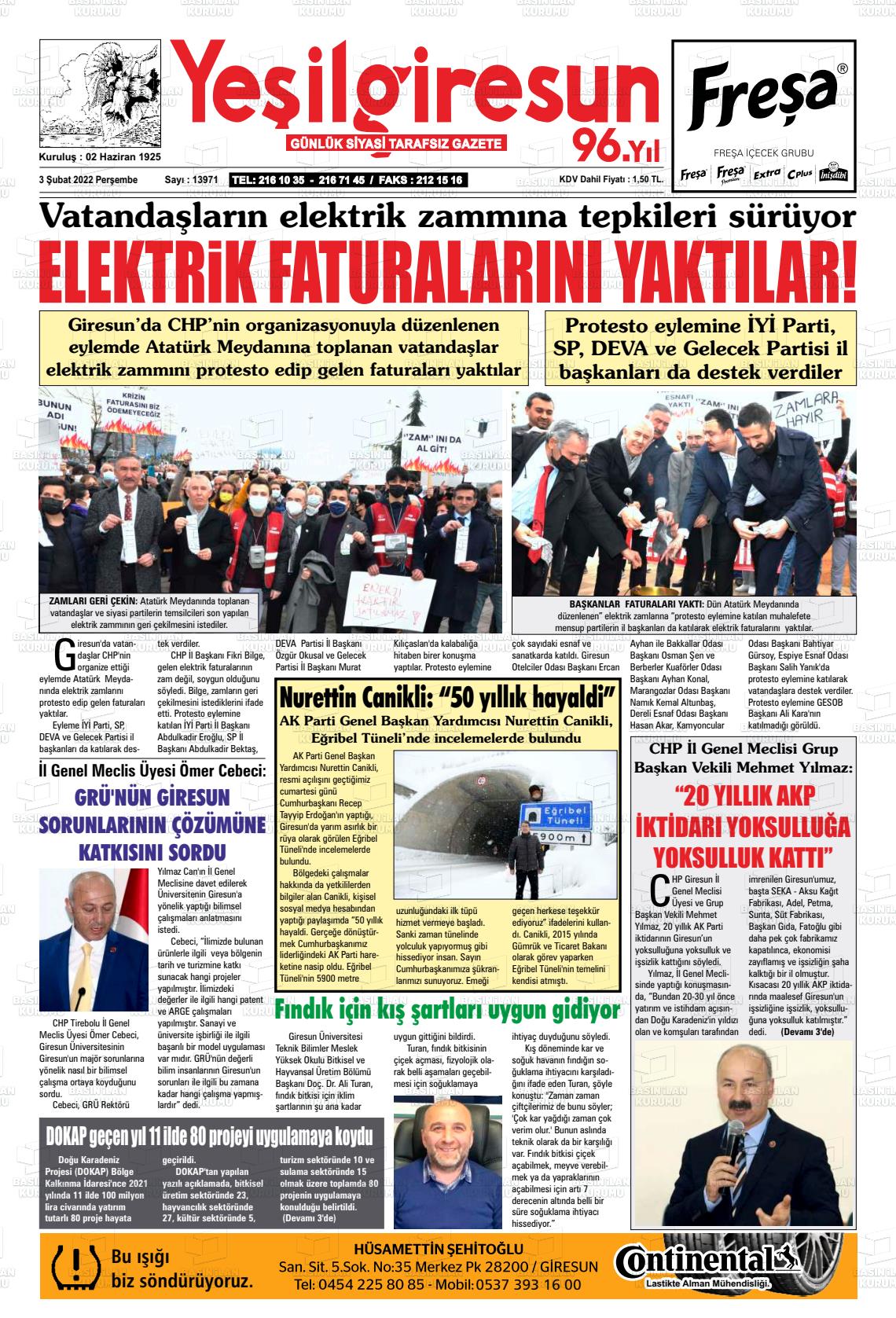 03 Şubat 2022 Yeşil Giresun Gazete Manşeti