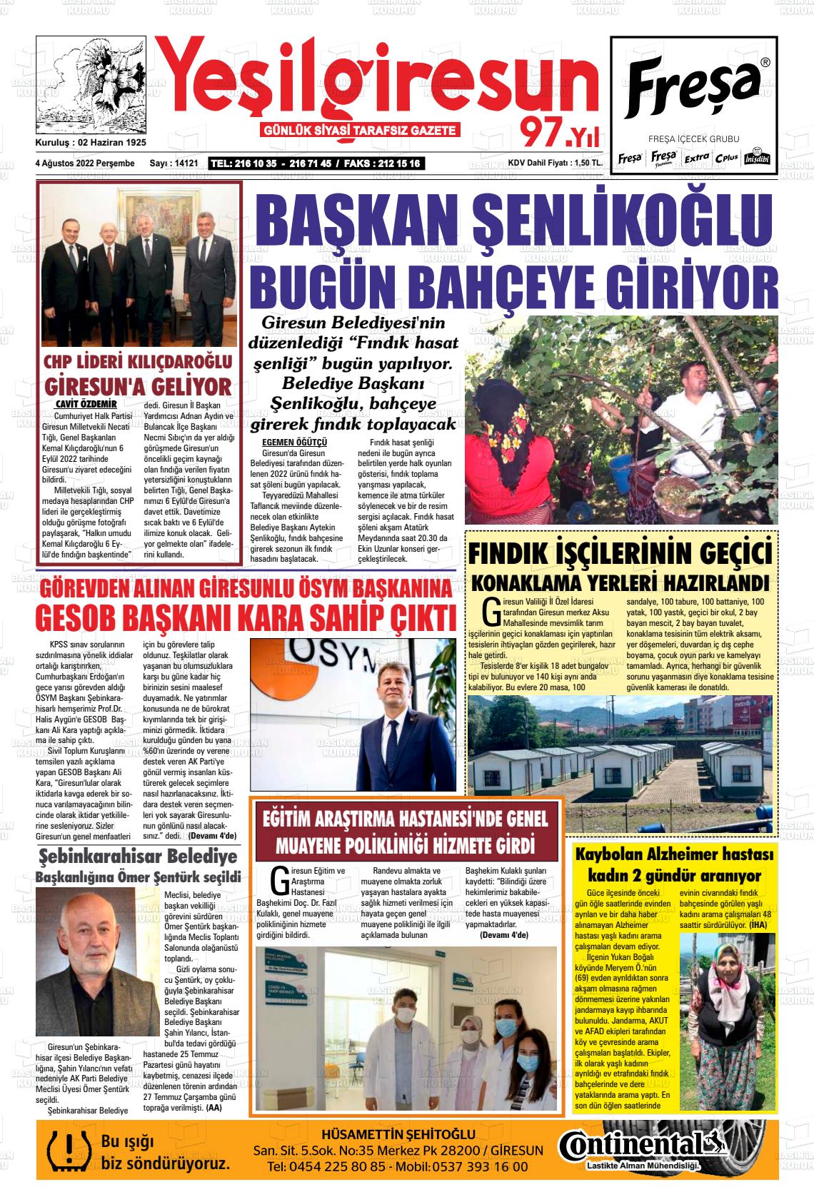 04 Ağustos 2022 Yeşil Giresun Gazete Manşeti