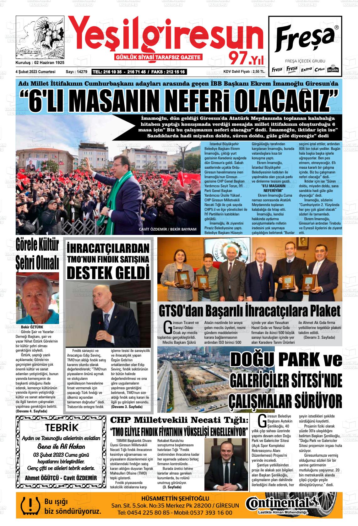 04 Şubat 2023 Yeşil Giresun Gazete Manşeti