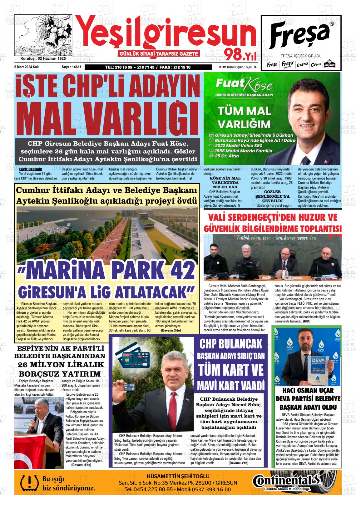 05 Mart 2024 Yeşil Giresun Gazete Manşeti