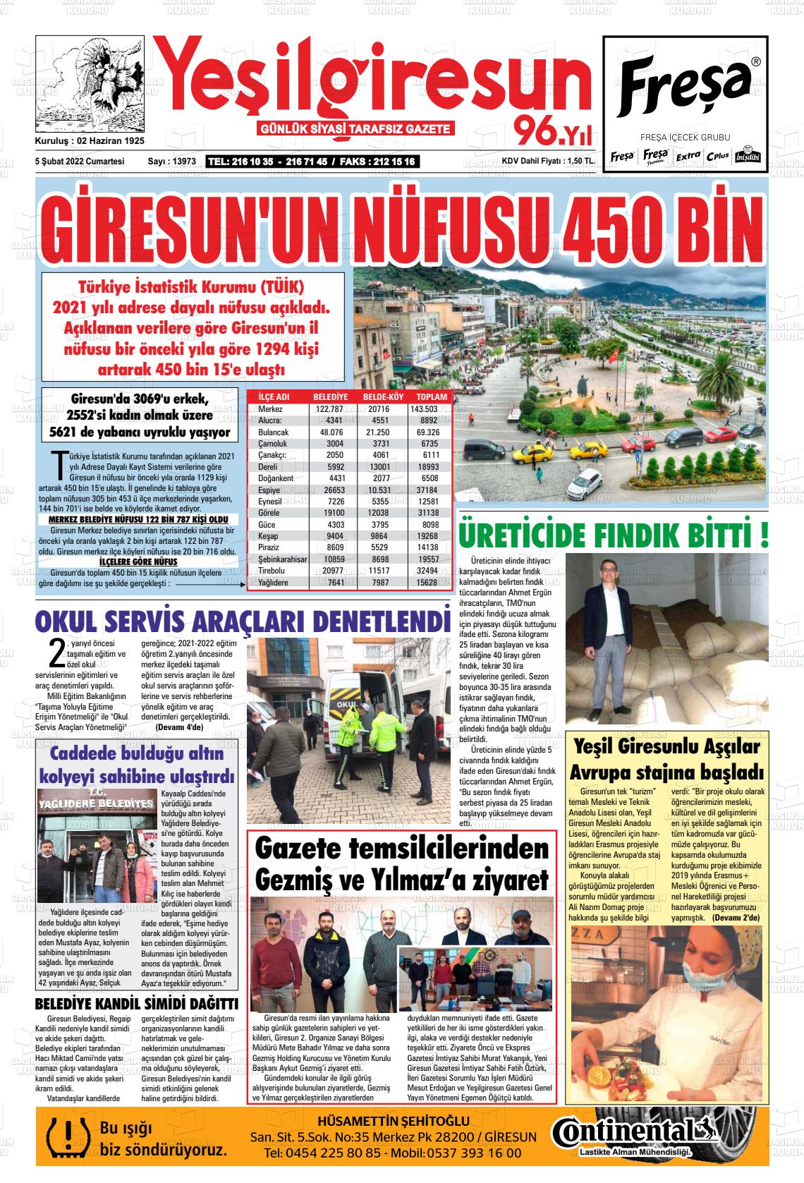 05 Şubat 2022 Yeşil Giresun Gazete Manşeti