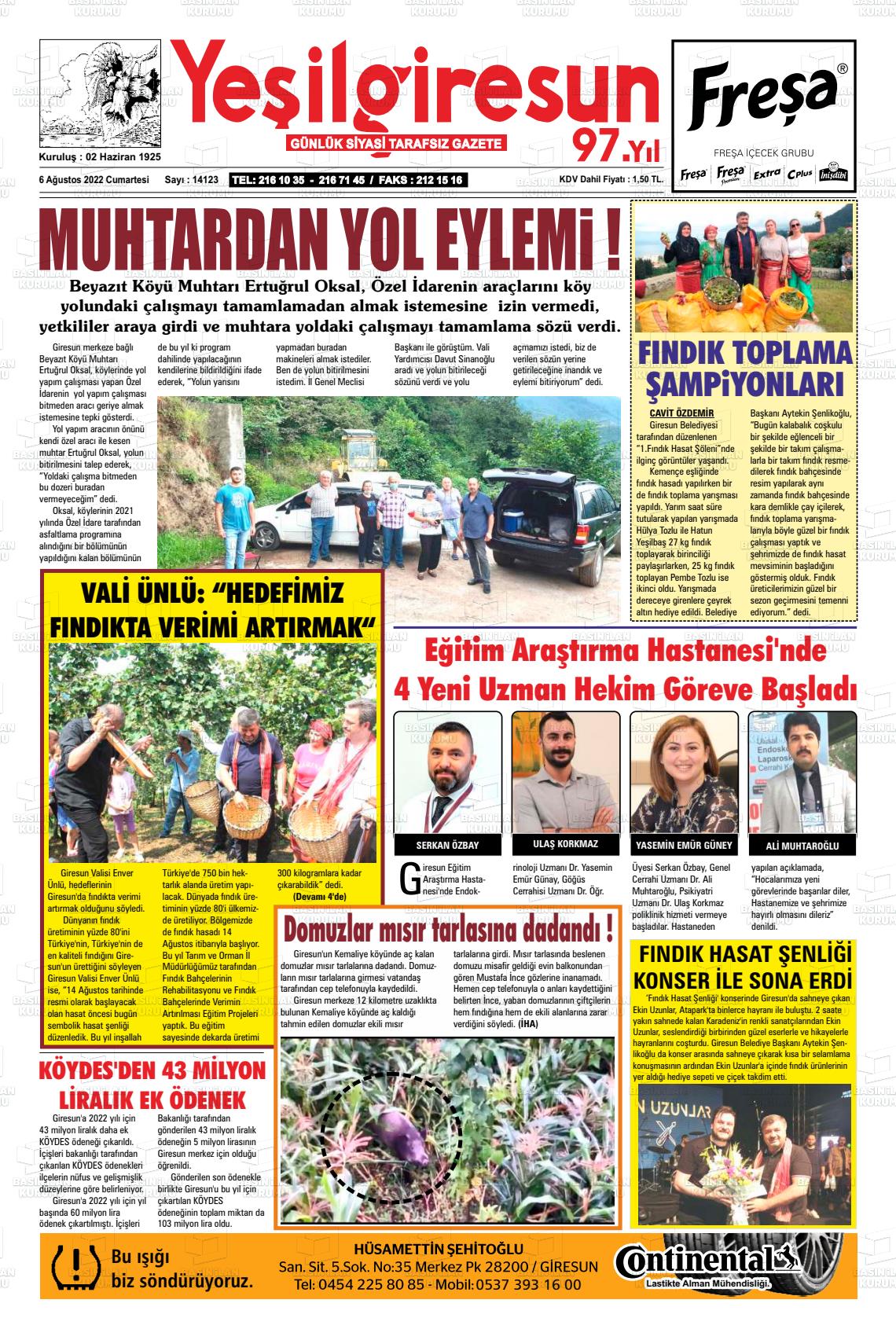 06 Ağustos 2022 Yeşil Giresun Gazete Manşeti