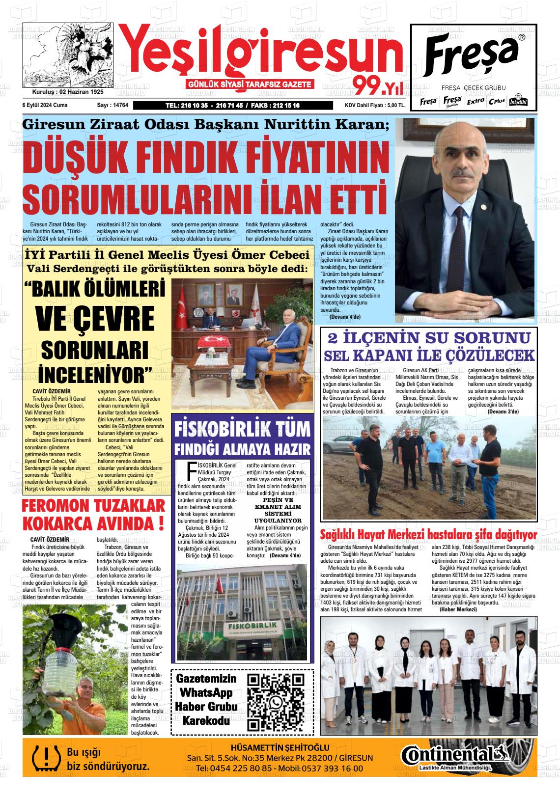 06 Eylül 2024 Yeşil Giresun Gazete Manşeti