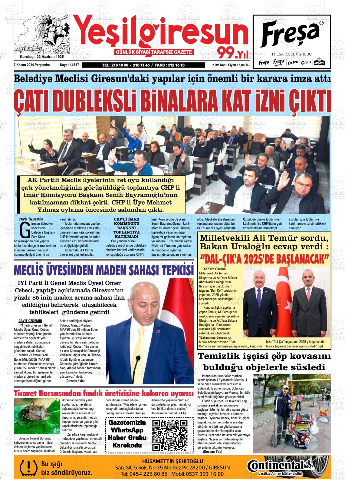 07 Kasım 2024 Yeşil Giresun Gazete Manşeti