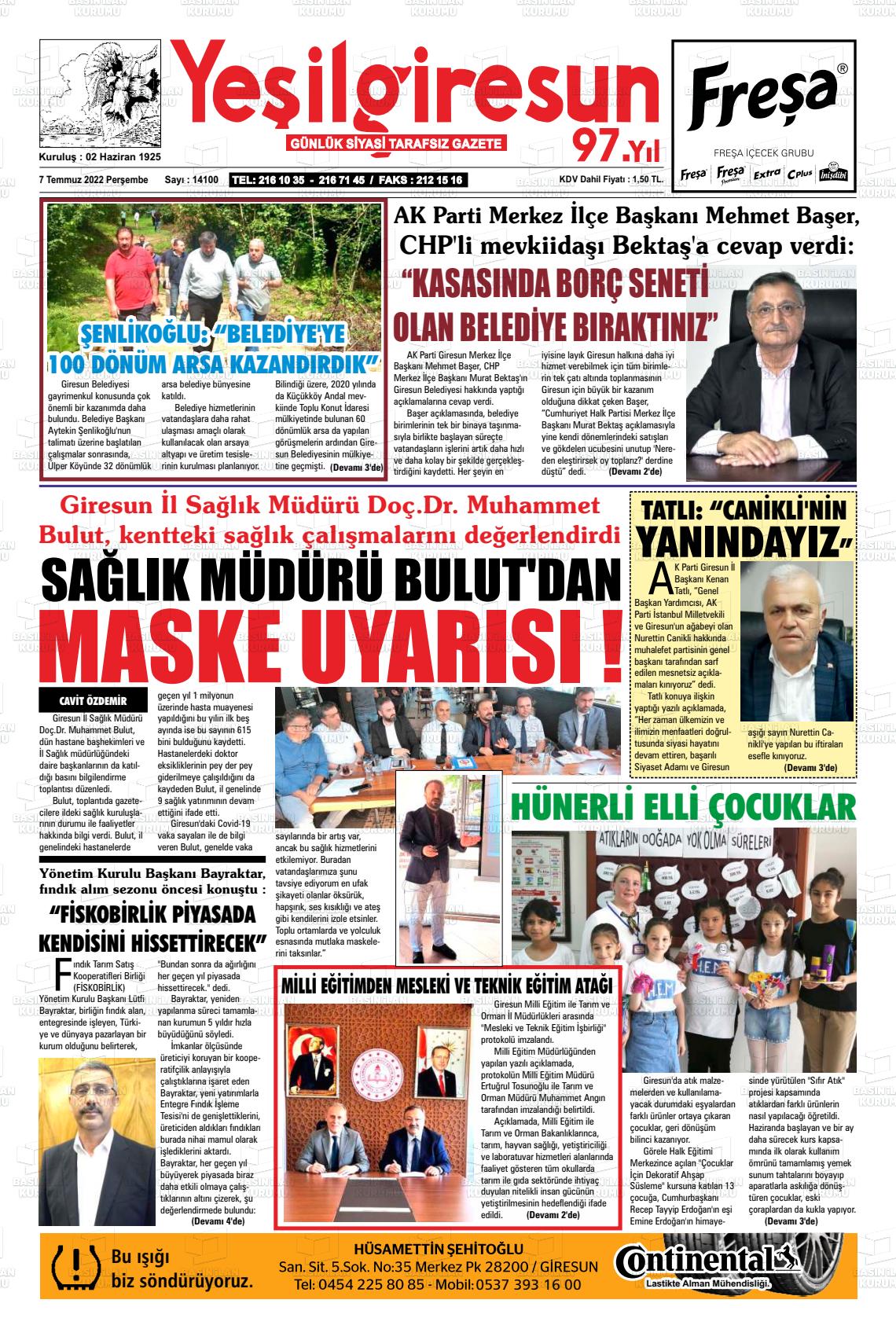 07 Temmuz 2022 Yeşil Giresun Gazete Manşeti