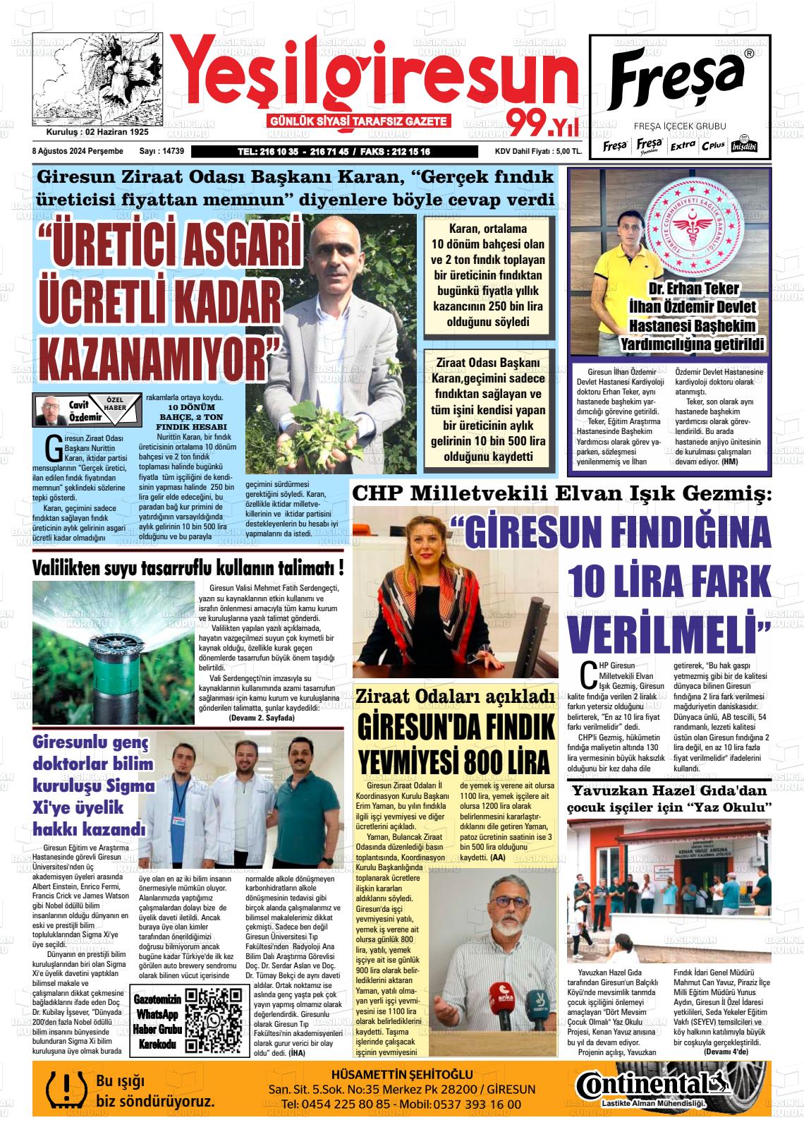 08 Ağustos 2024 Yeşil Giresun Gazete Manşeti