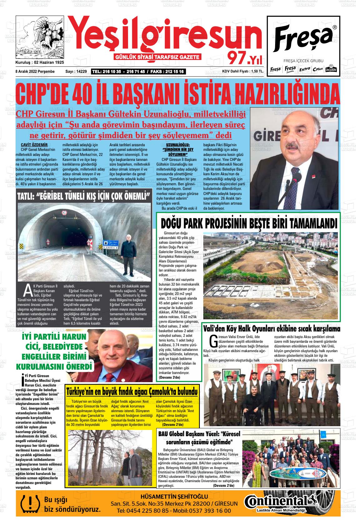 08 Aralık 2022 Yeşil Giresun Gazete Manşeti