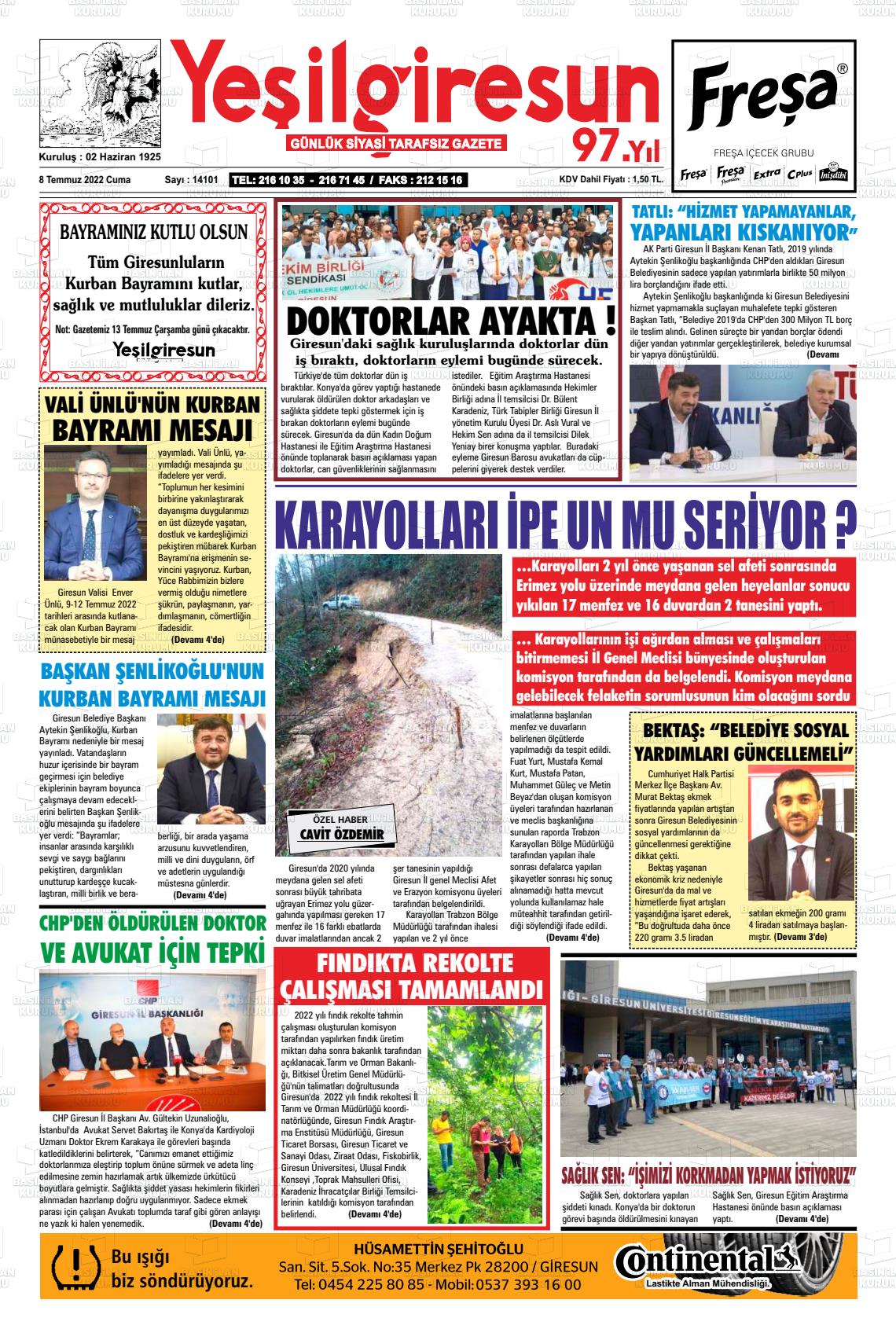 08 Temmuz 2022 Yeşil Giresun Gazete Manşeti