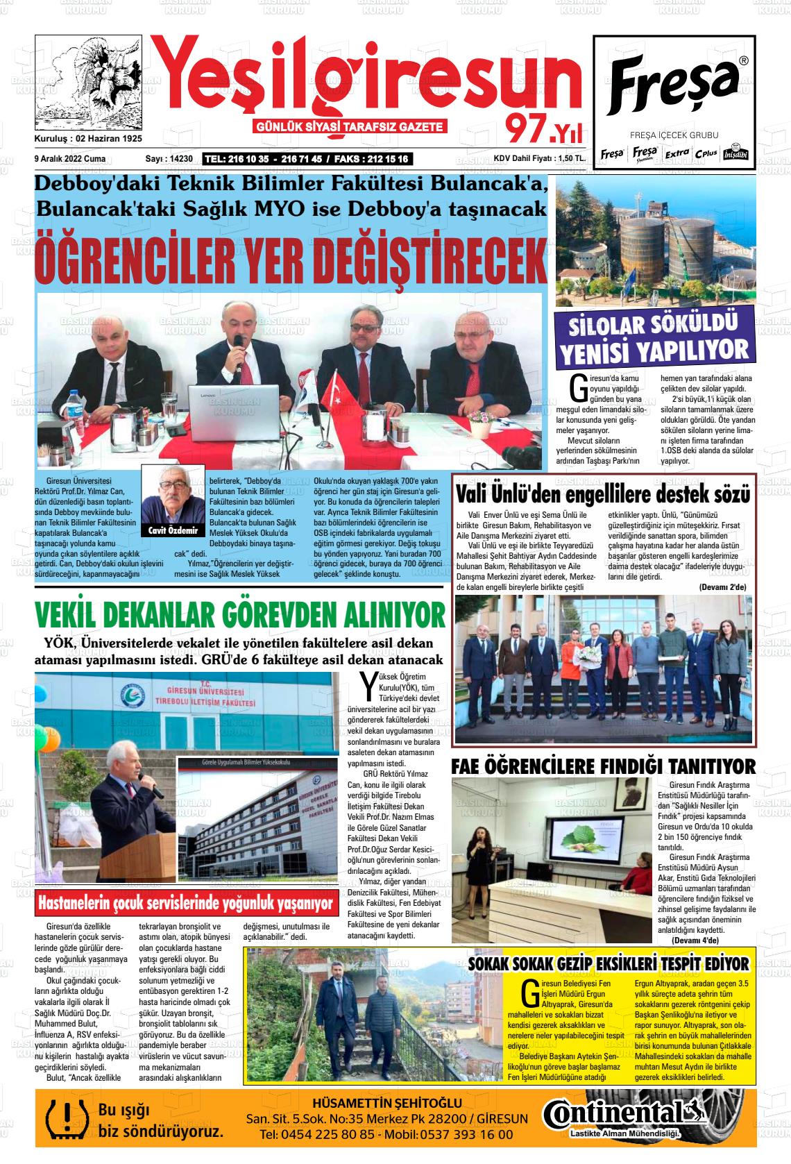 09 Aralık 2022 Yeşil Giresun Gazete Manşeti