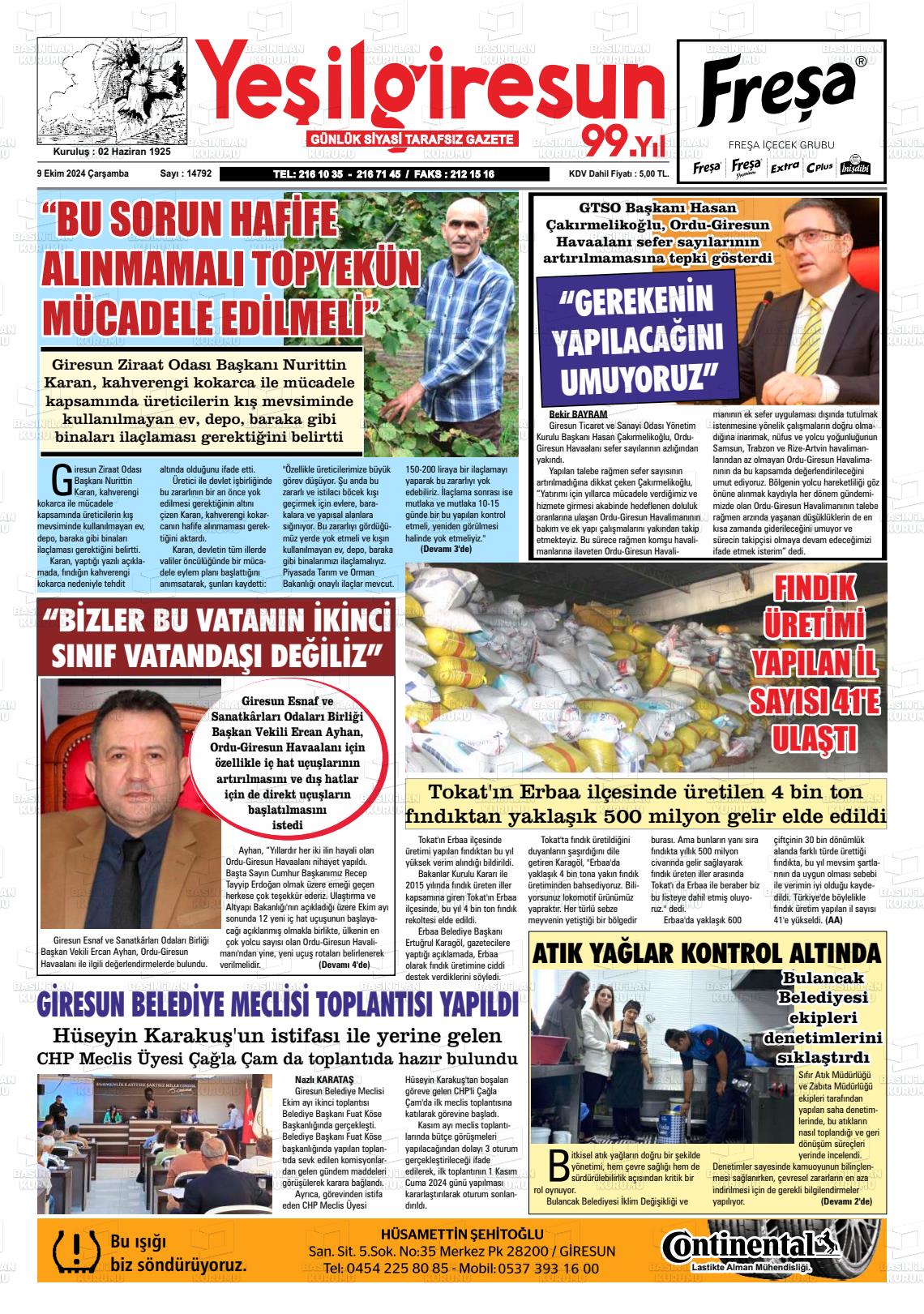 09 Ekim 2024 Yeşil Giresun Gazete Manşeti