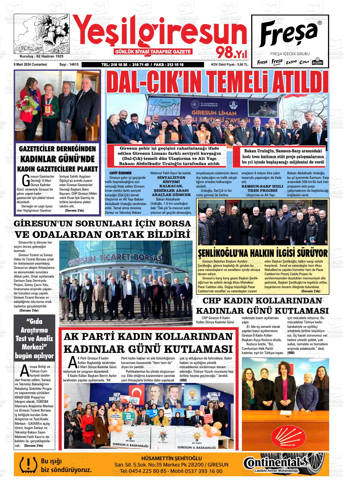 09 Mart 2024 Yeşil Giresun Gazete Manşeti