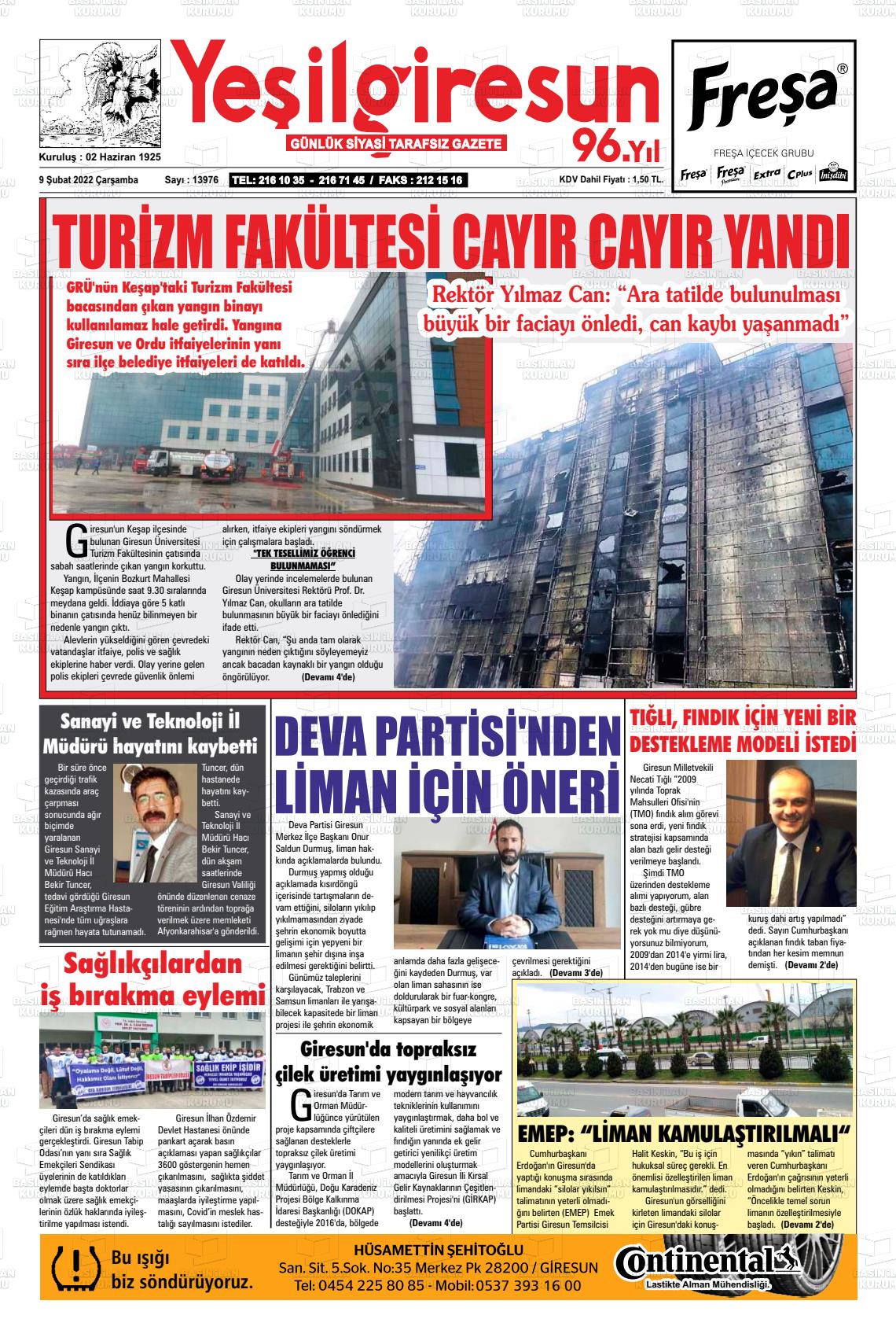 09 Şubat 2022 Yeşil Giresun Gazete Manşeti