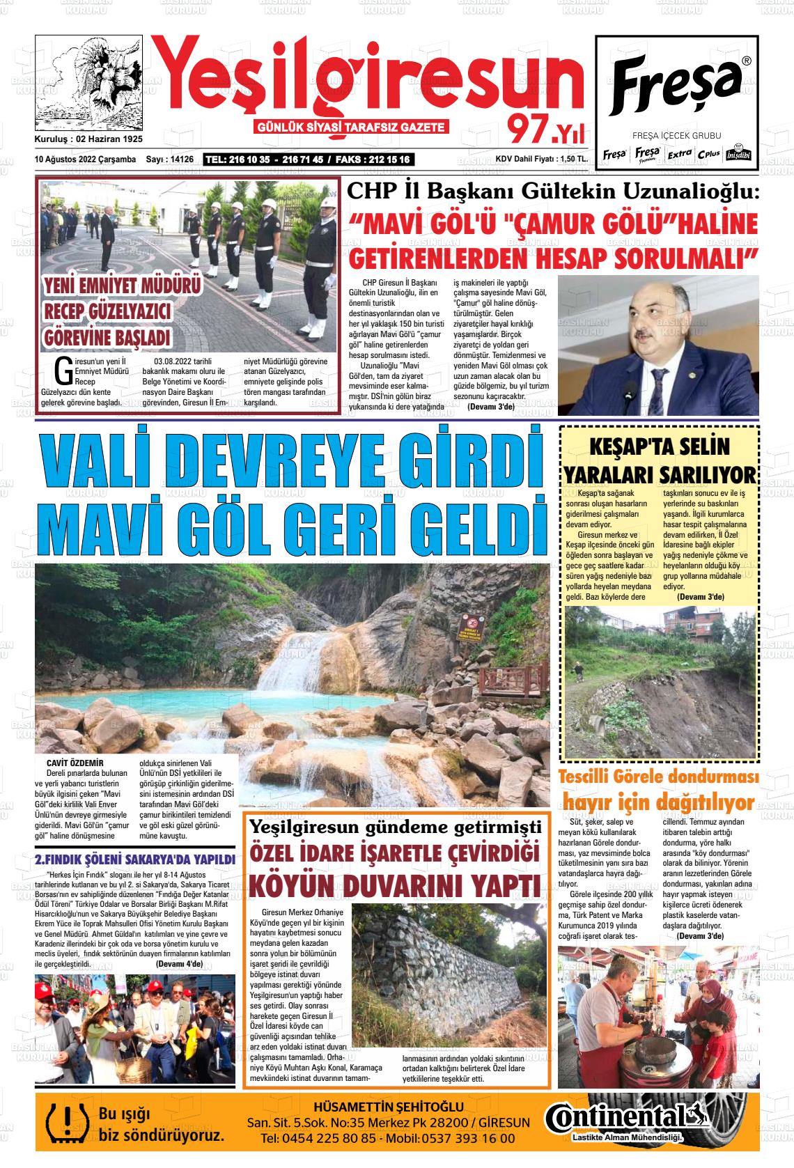 10 Ağustos 2022 Yeşil Giresun Gazete Manşeti