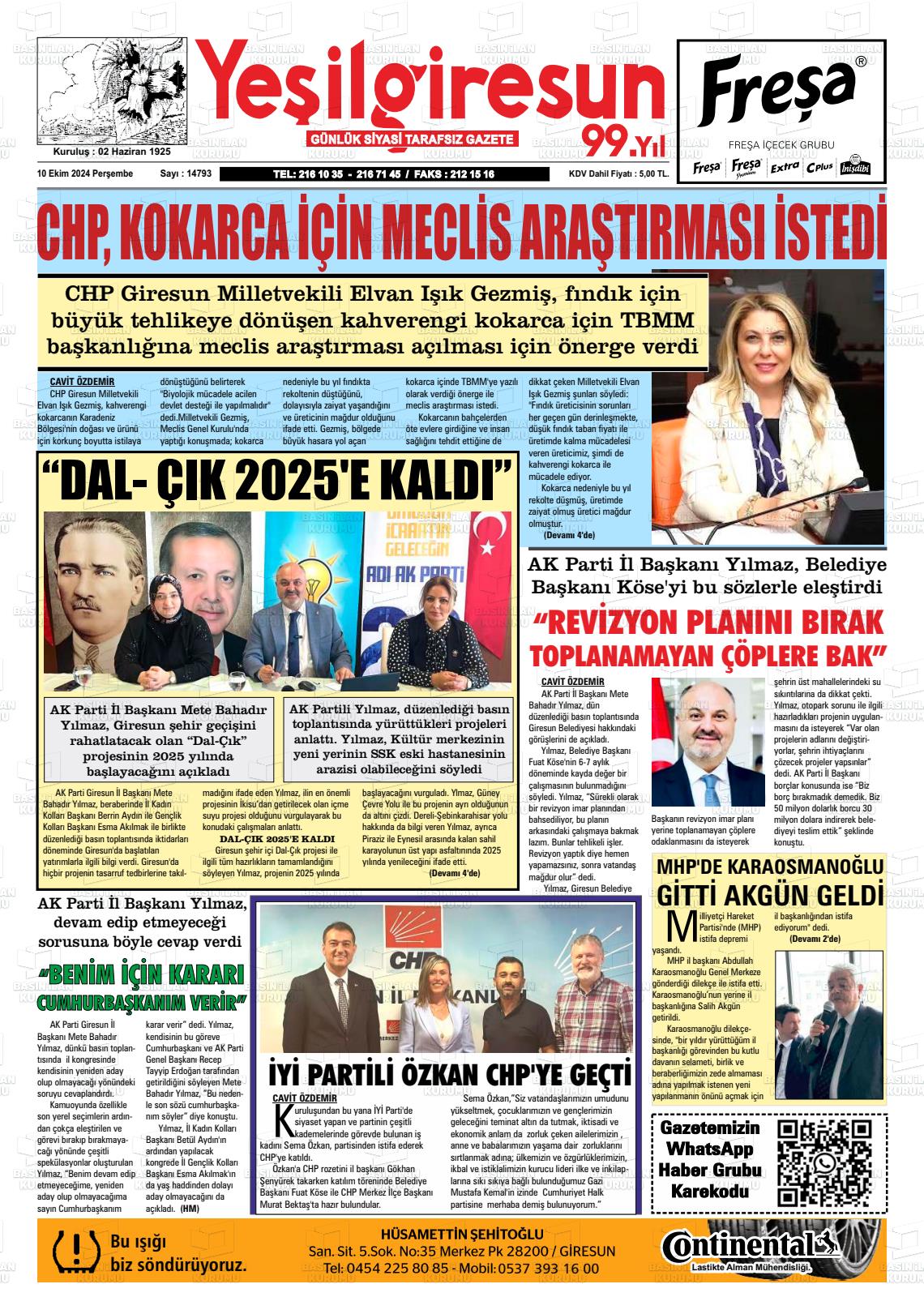 10 Ekim 2024 Yeşil Giresun Gazete Manşeti