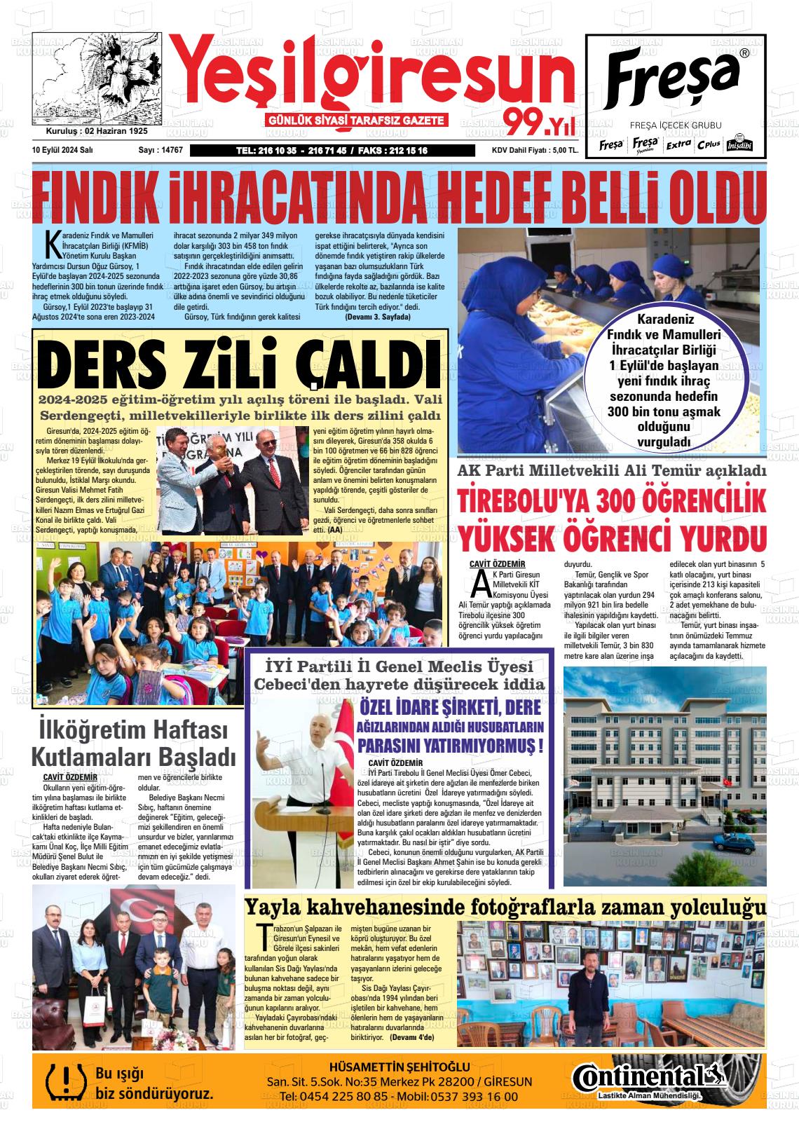 10 Eylül 2024 Yeşil Giresun Gazete Manşeti