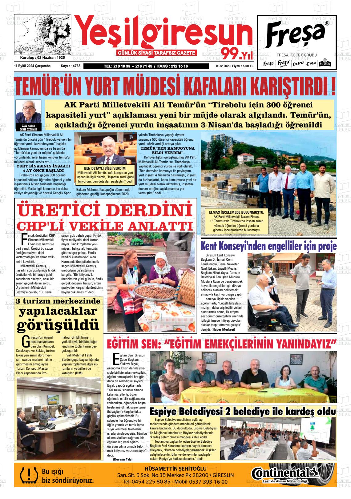 11 Eylül 2024 Yeşil Giresun Gazete Manşeti