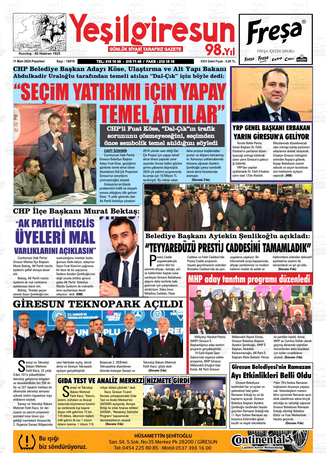 11 Mart 2024 Yeşil Giresun Gazete Manşeti