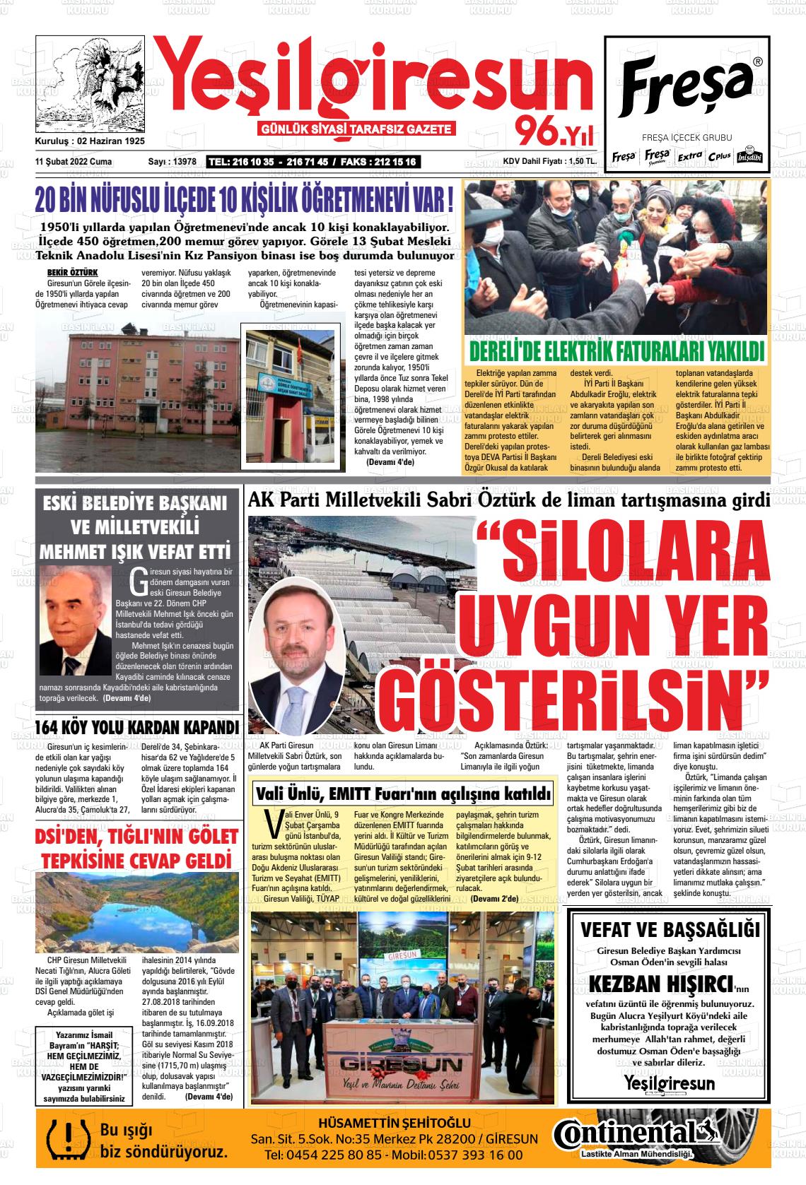 11 Şubat 2022 Yeşil Giresun Gazete Manşeti