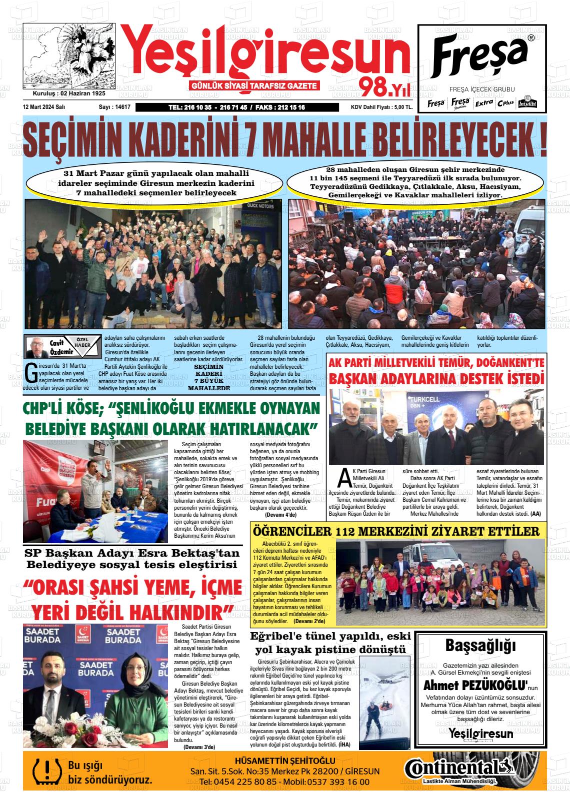 12 Mart 2024 Yeşil Giresun Gazete Manşeti