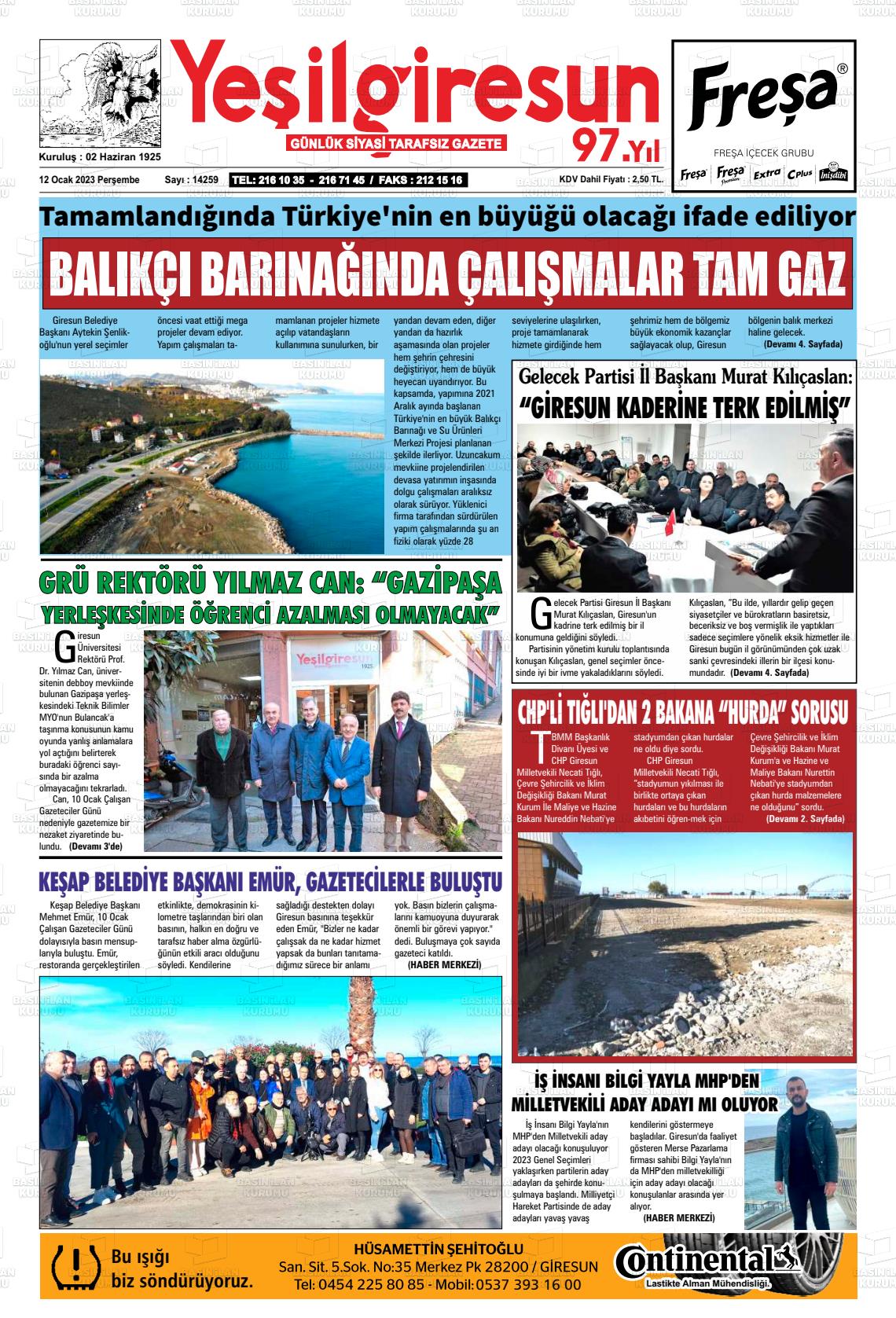 12 Ocak 2023 Yeşil Giresun Gazete Manşeti