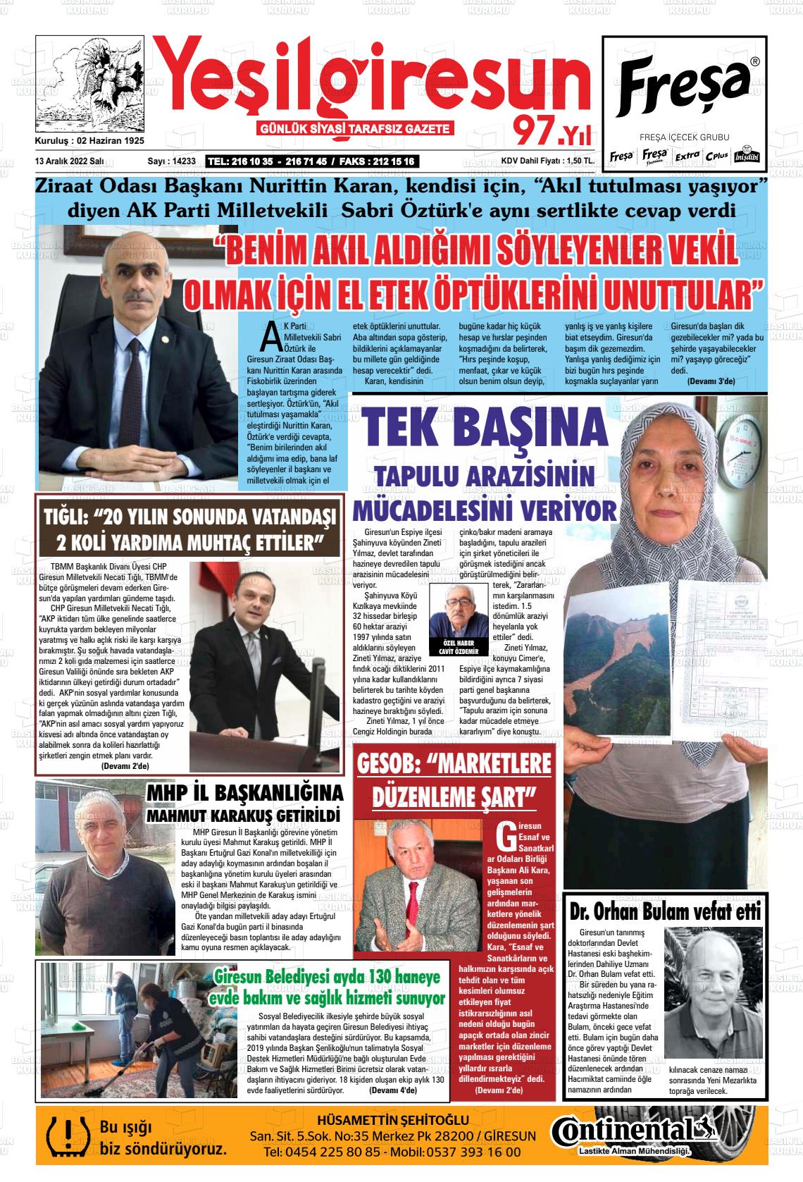 13 Aralık 2022 Yeşil Giresun Gazete Manşeti