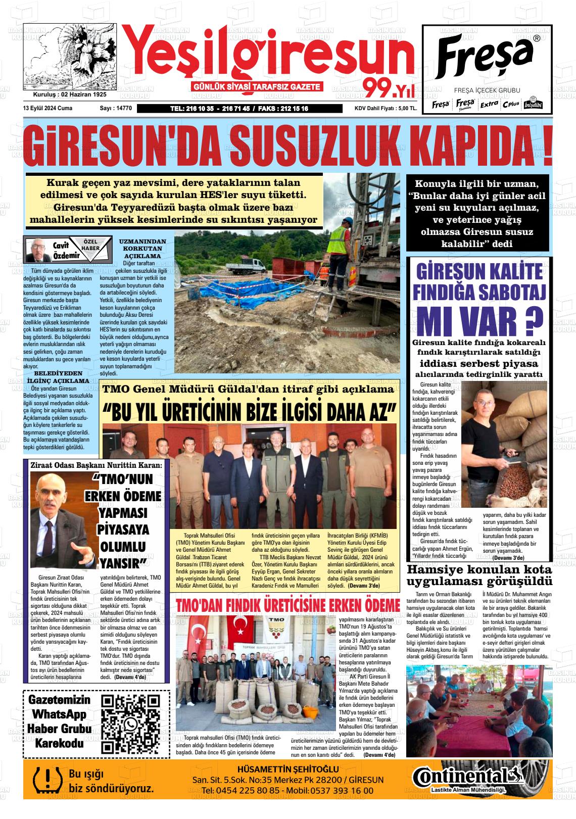 13 Eylül 2024 Yeşil Giresun Gazete Manşeti