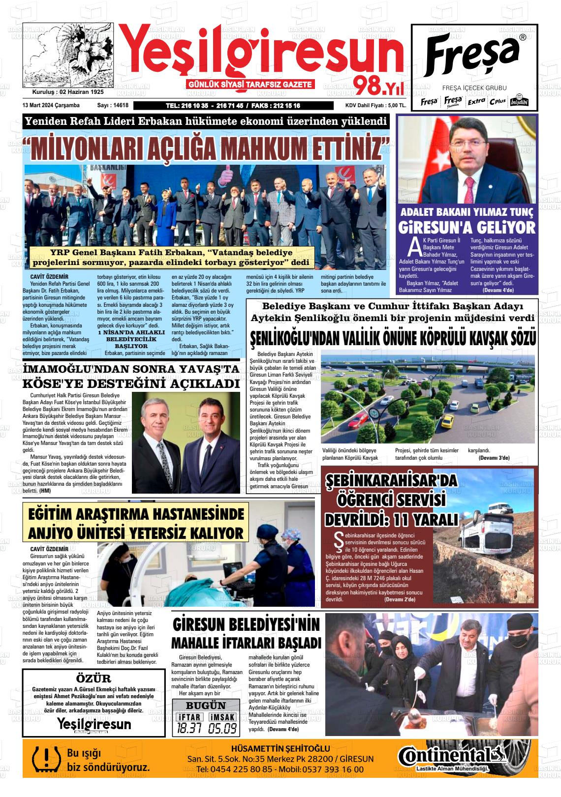 13 Mart 2024 Yeşil Giresun Gazete Manşeti