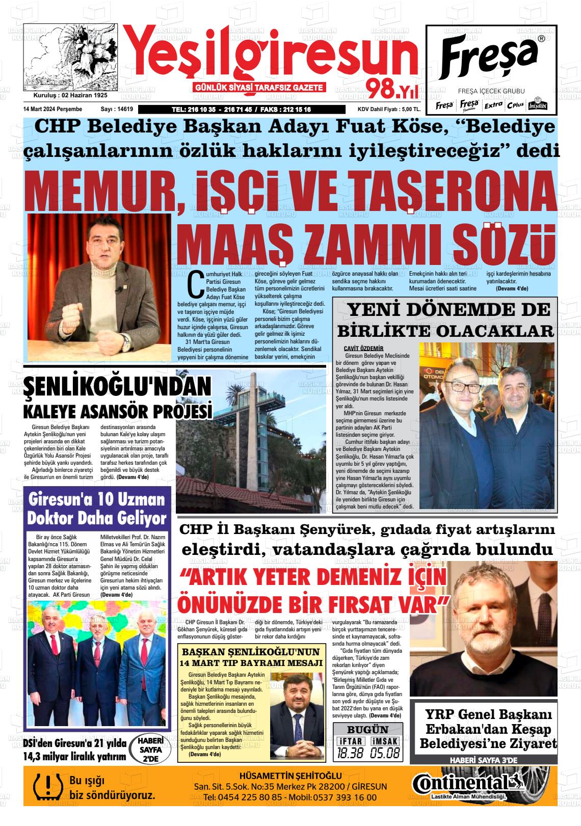 14 Mart 2024 Yeşil Giresun Gazete Manşeti