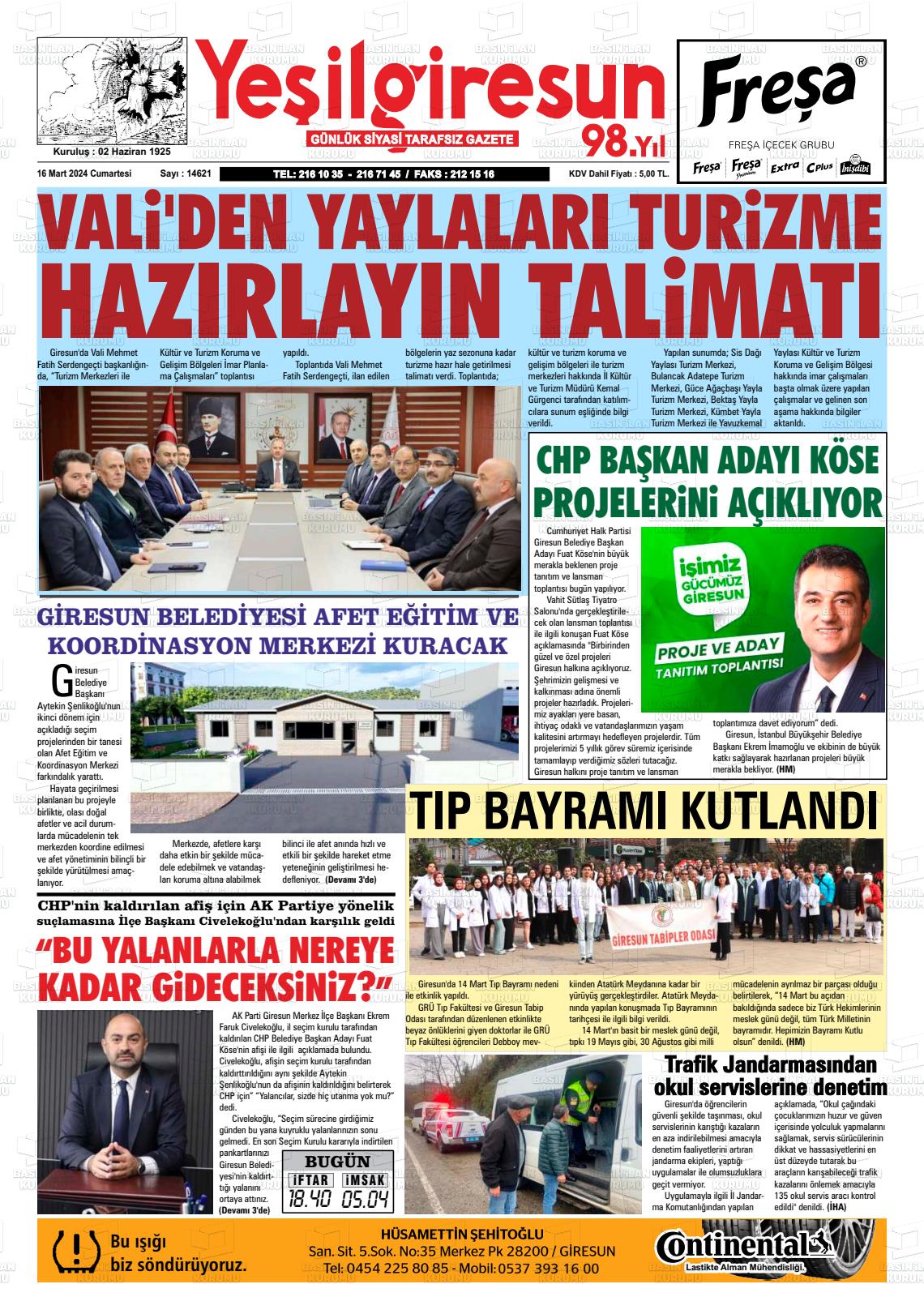 16 Mart 2024 Yeşil Giresun Gazete Manşeti