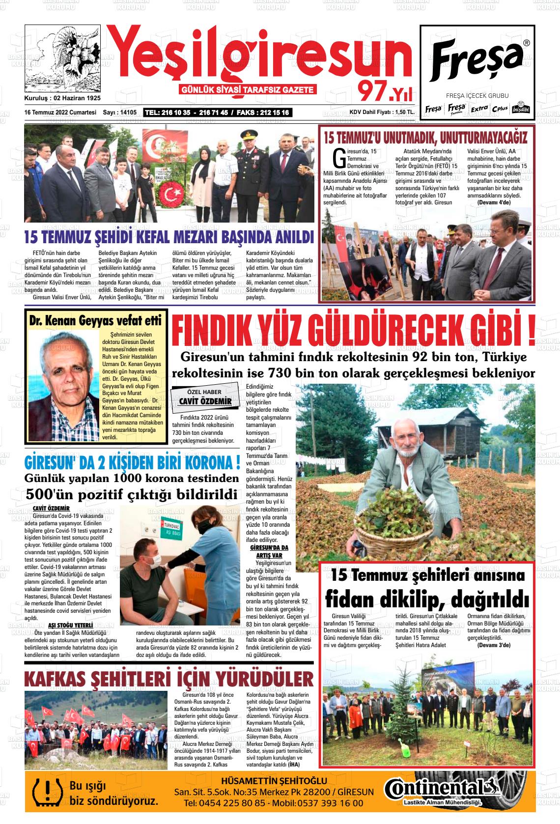 16 Temmuz 2022 Yeşil Giresun Gazete Manşeti