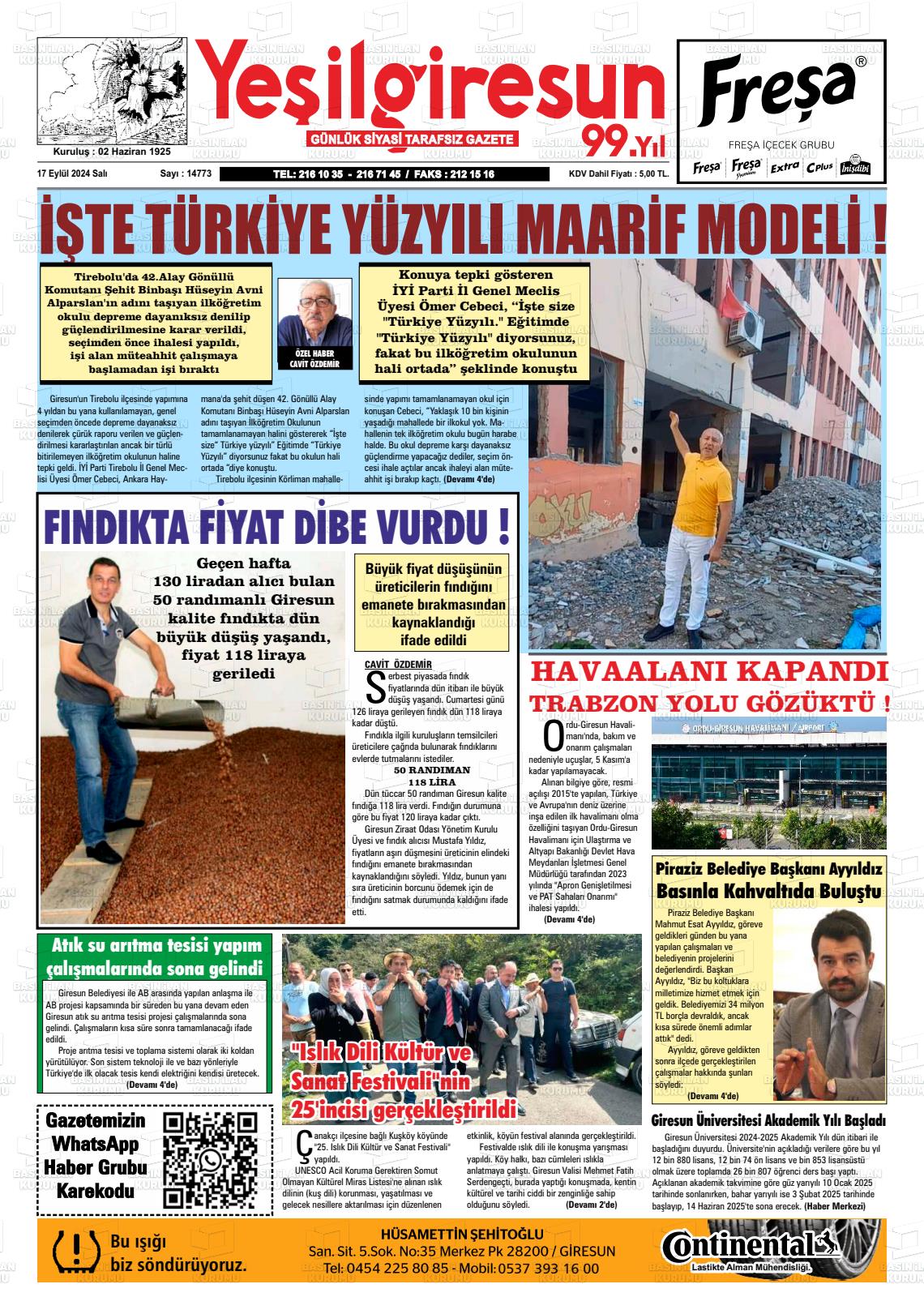 17 Eylül 2024 Yeşil Giresun Gazete Manşeti