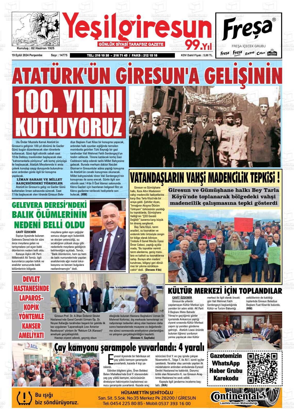 19 Eylül 2024 Yeşil Giresun Gazete Manşeti