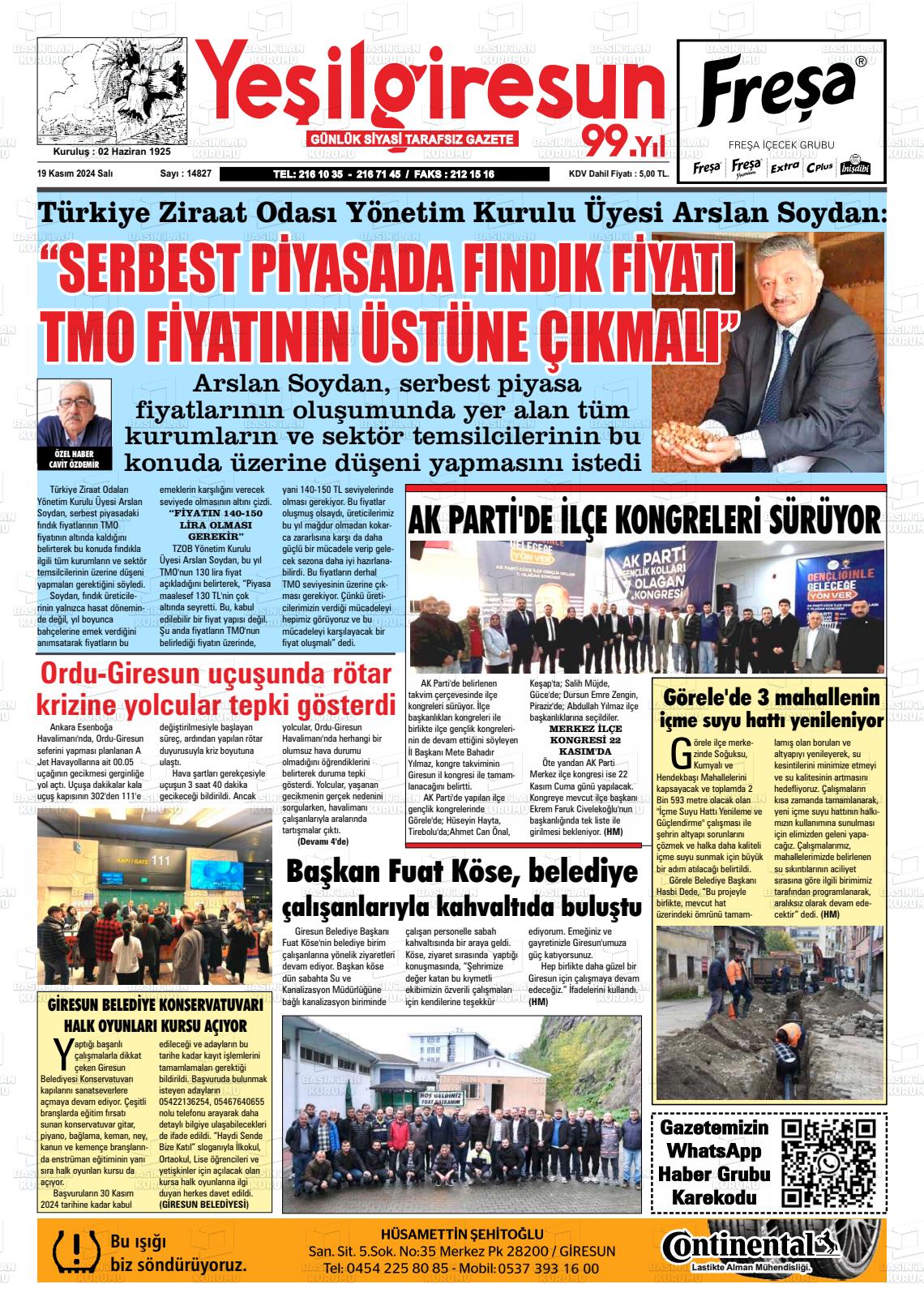 20 Kasım 2024 Yeşil Giresun Gazete Manşeti