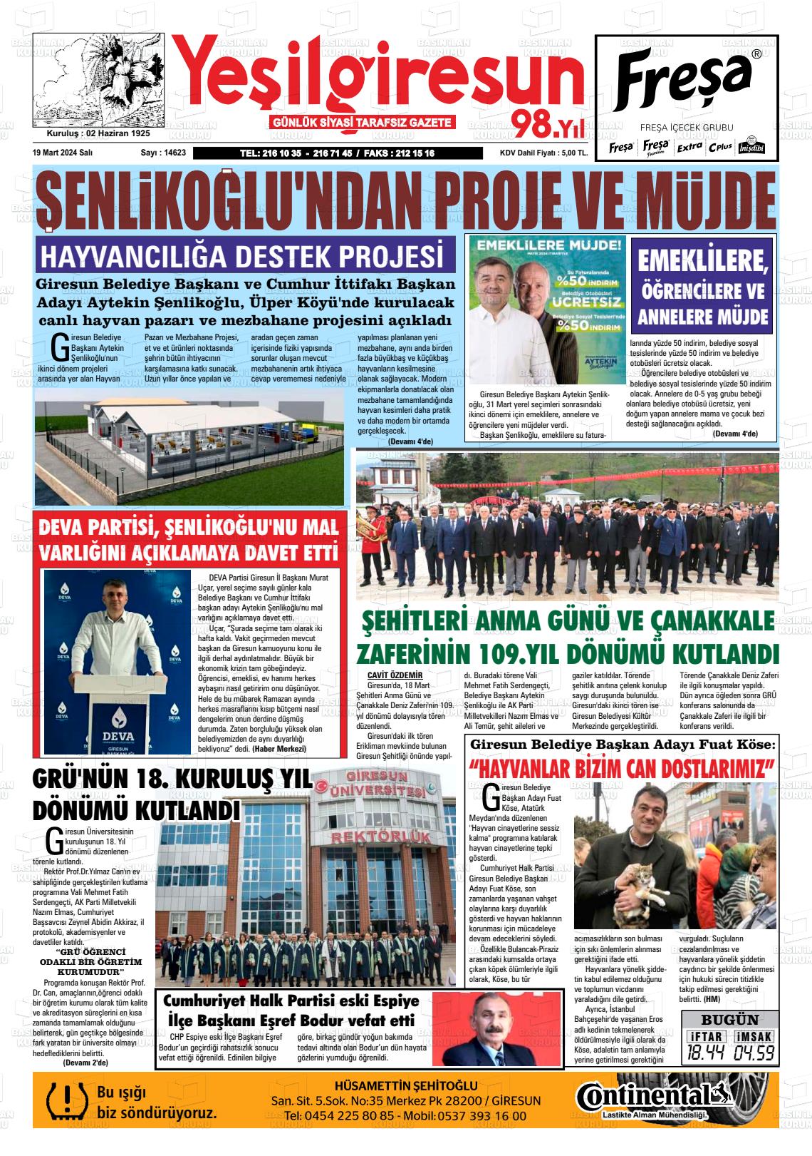 19 Mart 2024 Yeşil Giresun Gazete Manşeti