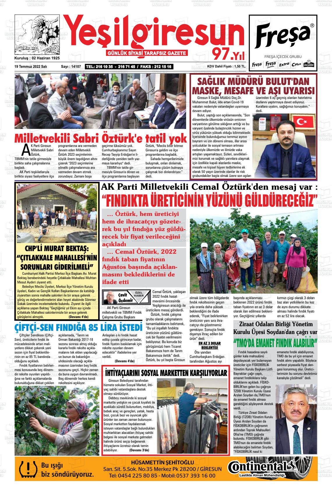 19 Temmuz 2022 Yeşil Giresun Gazete Manşeti