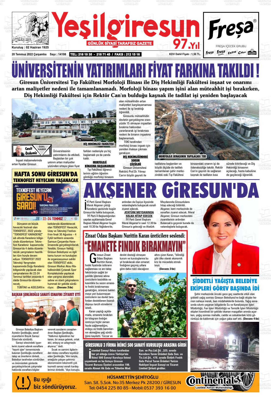 20 Temmuz 2022 Yeşil Giresun Gazete Manşeti