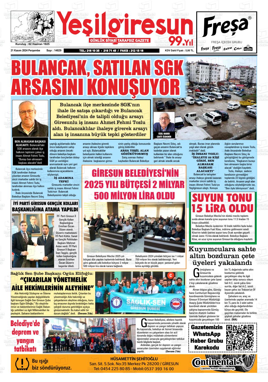 21 Kasım 2024 Yeşil Giresun Gazete Manşeti