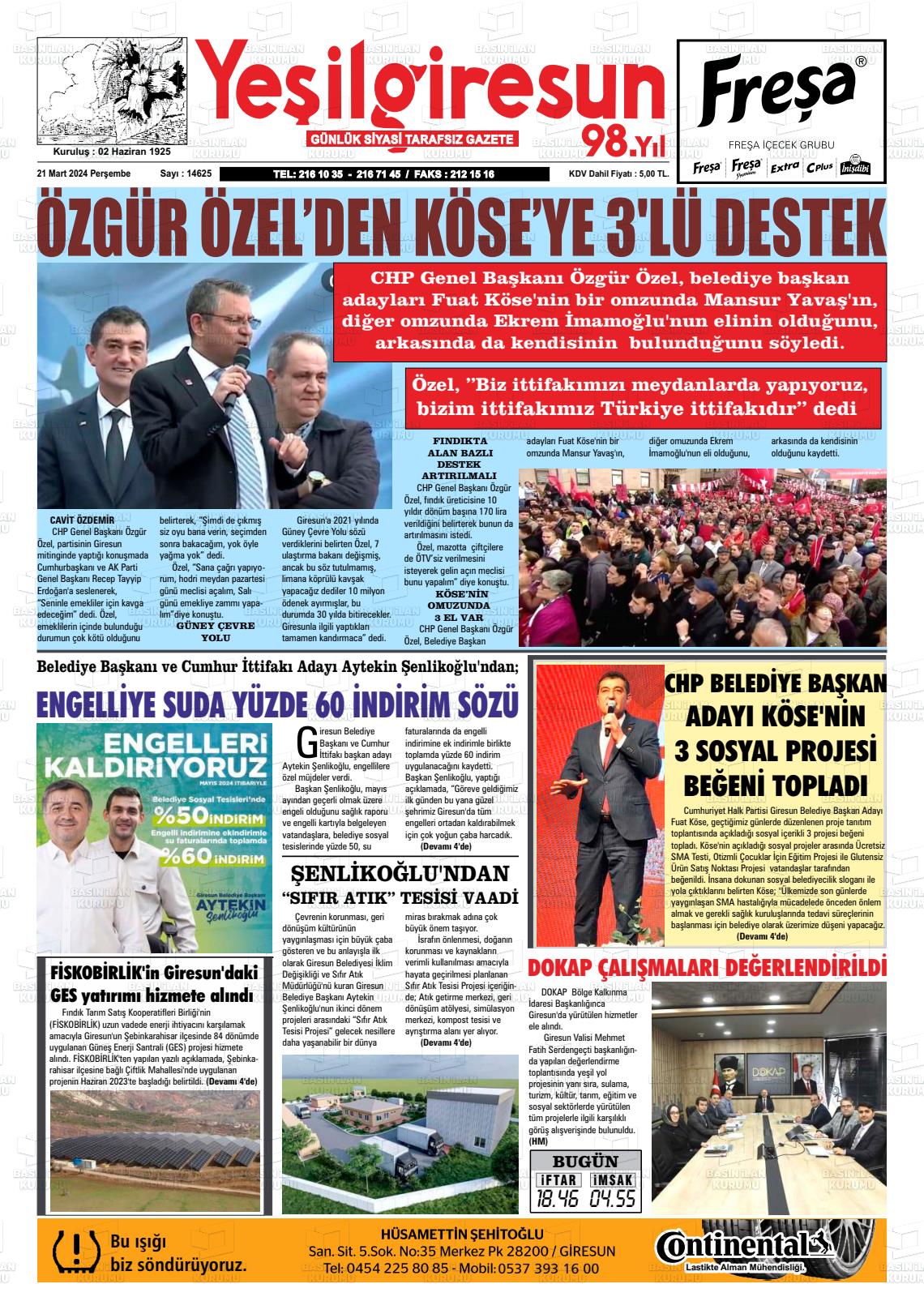 21 Mart 2024 Yeşil Giresun Gazete Manşeti