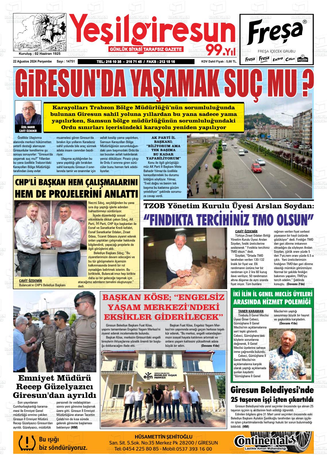 22 Ağustos 2024 Yeşil Giresun Gazete Manşeti