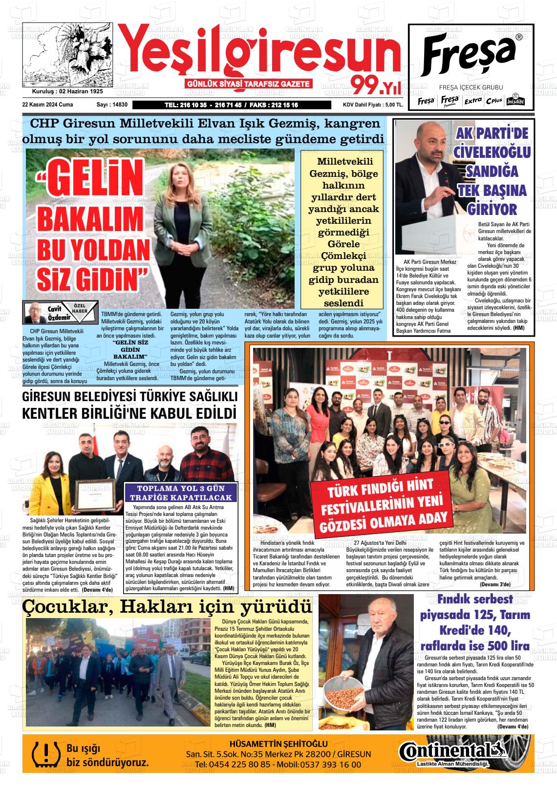 22 Kasım 2024 Yeşil Giresun Gazete Manşeti