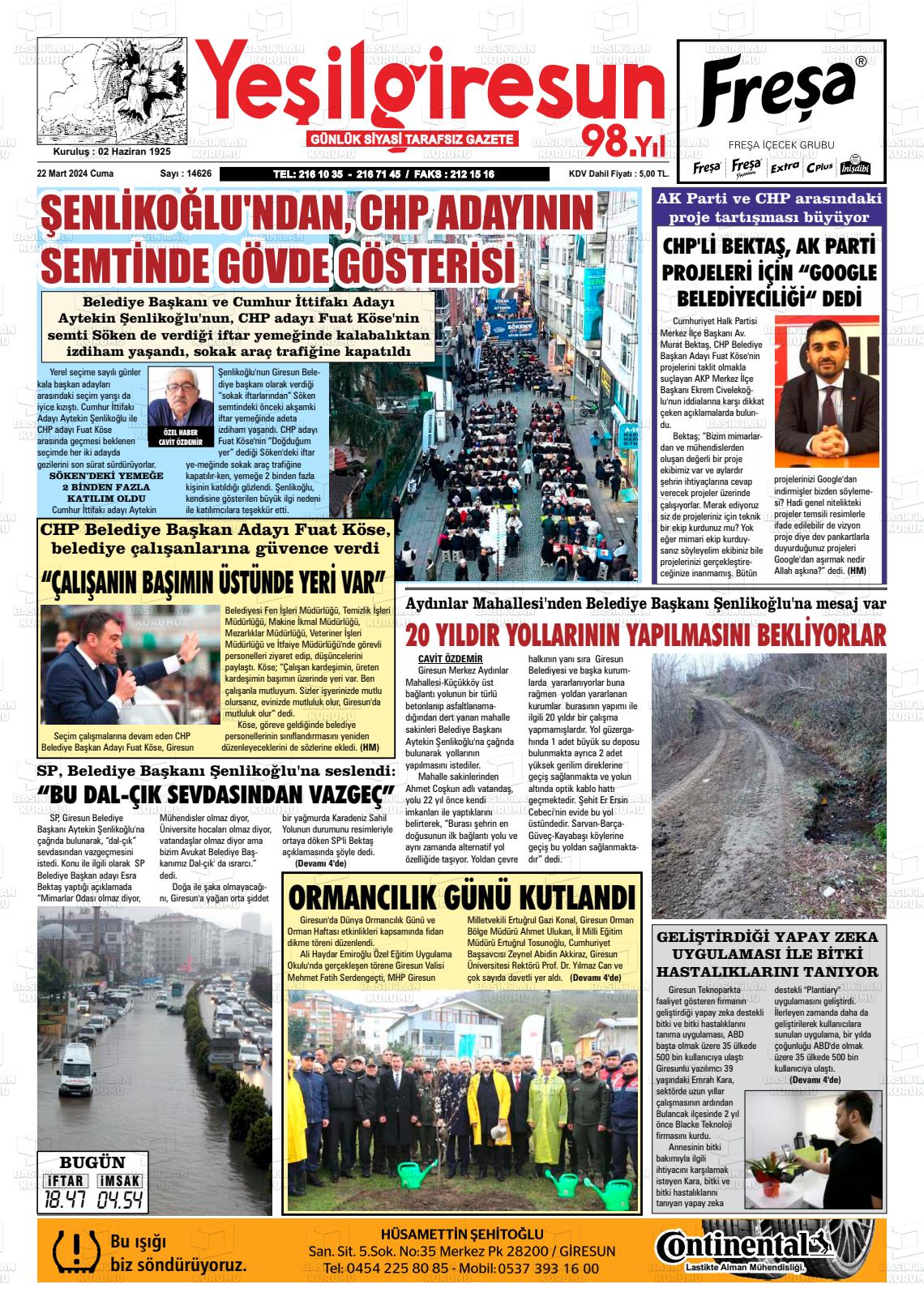 22 Mart 2024 Yeşil Giresun Gazete Manşeti