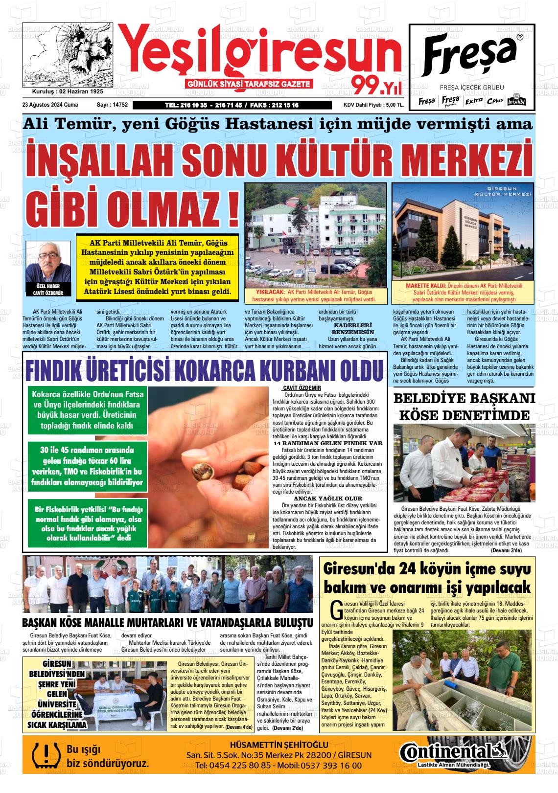 23 Ağustos 2024 Yeşil Giresun Gazete Manşeti