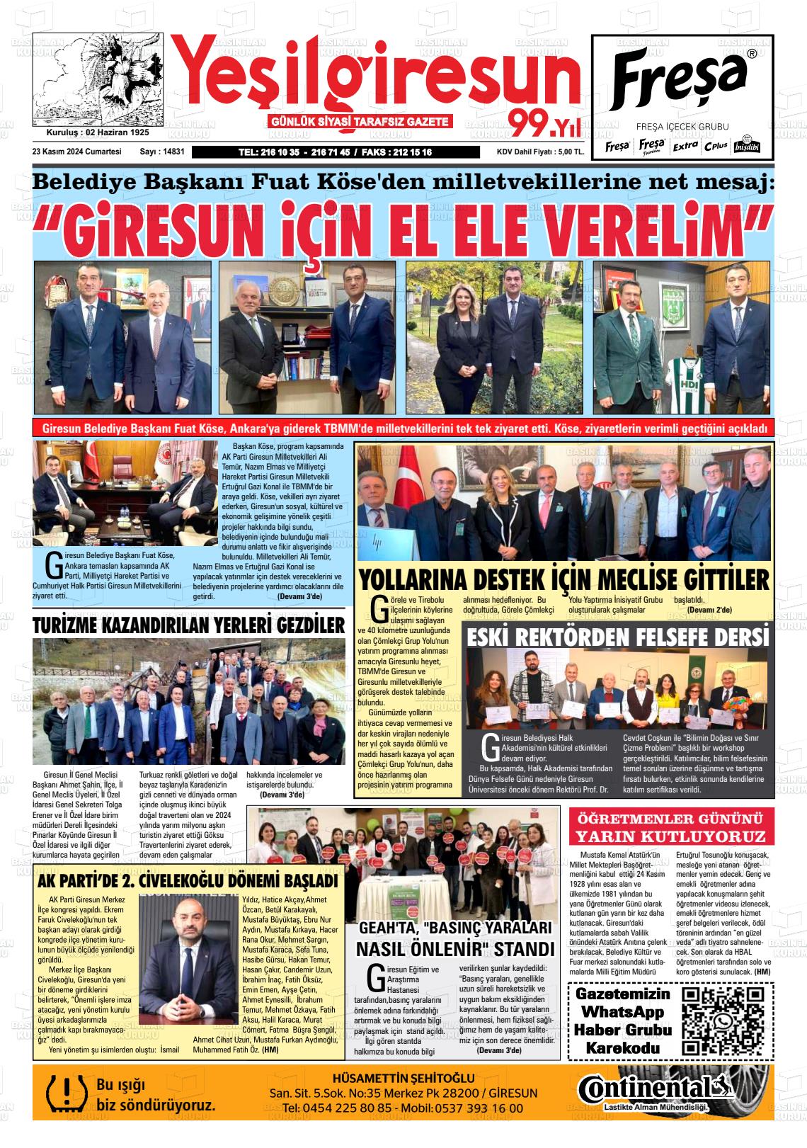 23 Kasım 2024 Yeşil Giresun Gazete Manşeti