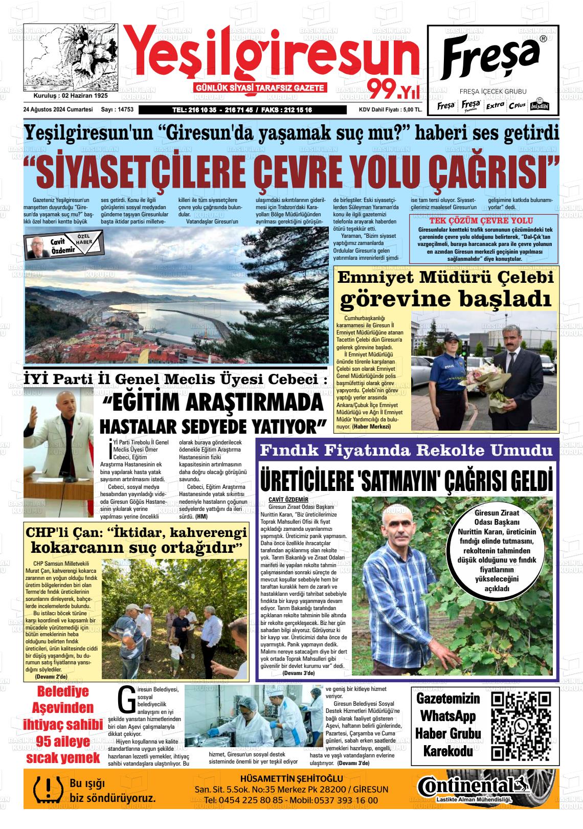 24 Ağustos 2024 Yeşil Giresun Gazete Manşeti