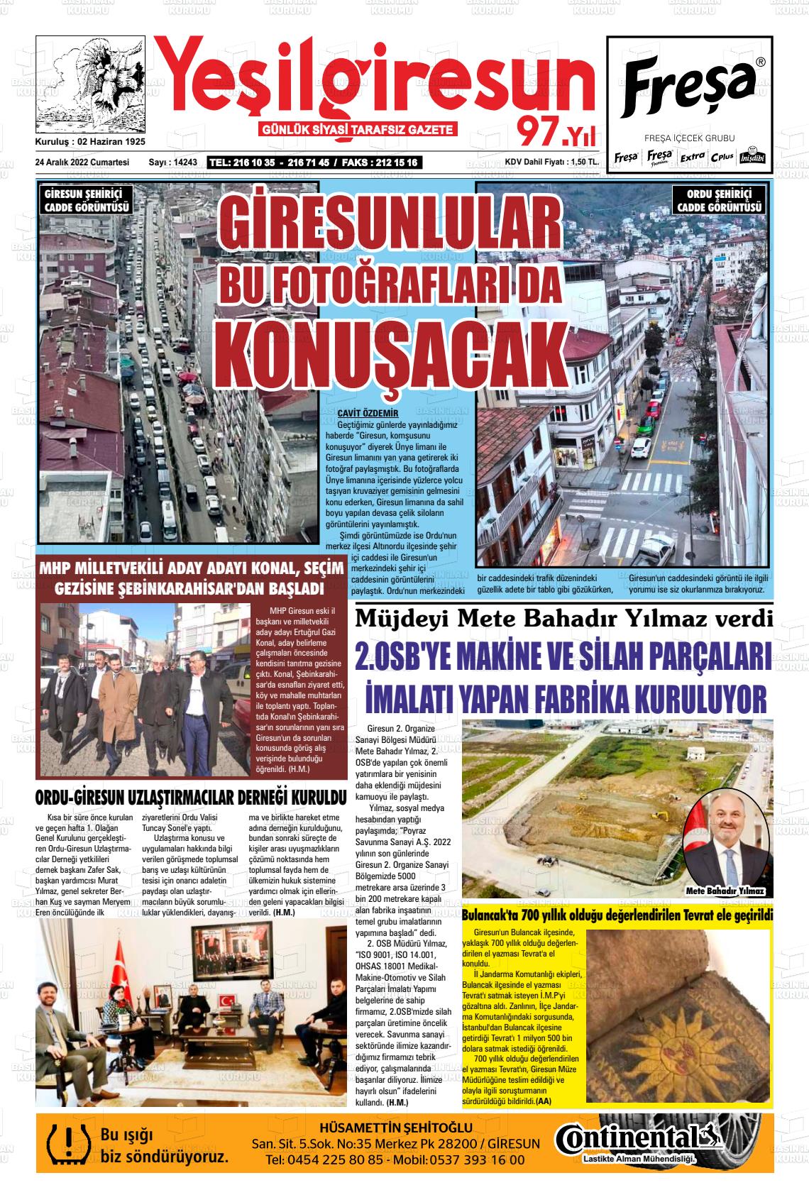 25 Aralık 2022 Yeşil Giresun Gazete Manşeti