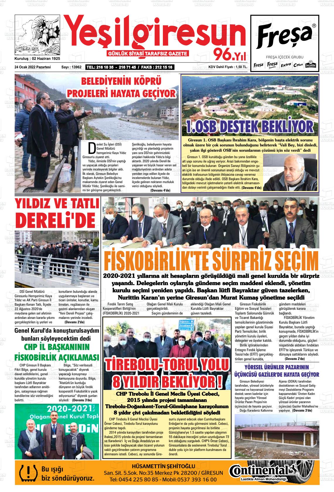 24 Ocak 2022 Yeşil Giresun Gazete Manşeti