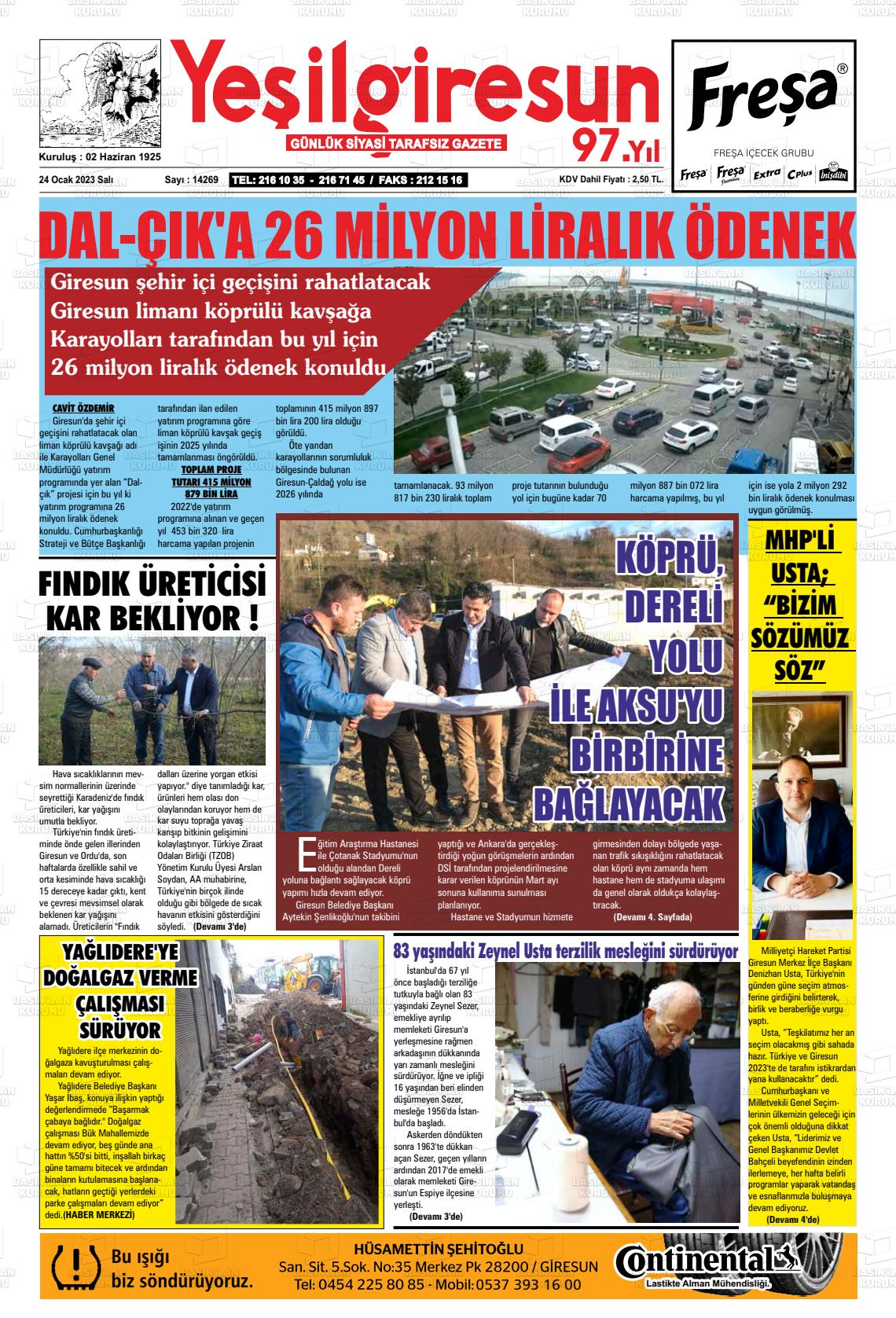 24 Ocak 2023 Yeşil Giresun Gazete Manşeti