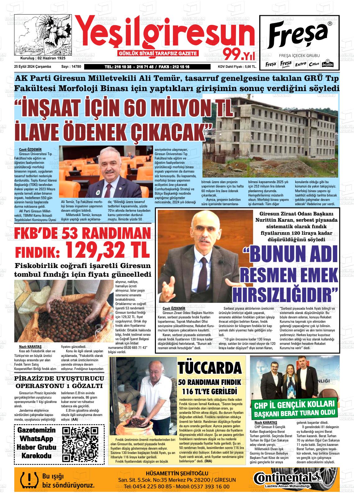 25 Eylül 2024 Yeşil Giresun Gazete Manşeti