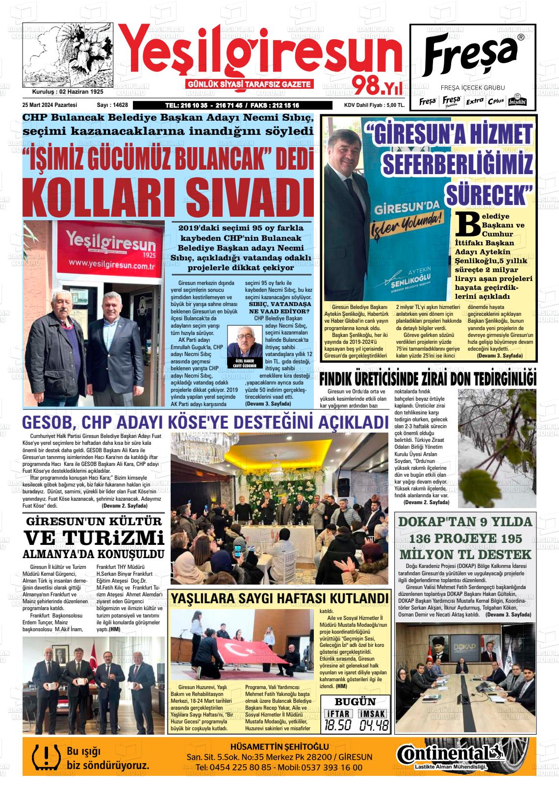 25 Mart 2024 Yeşil Giresun Gazete Manşeti