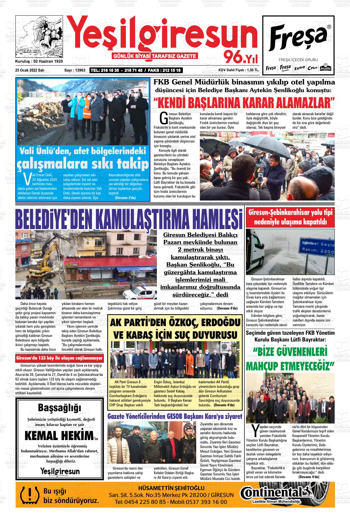 25 Ocak 2022 Yeşil Giresun Gazete Manşeti